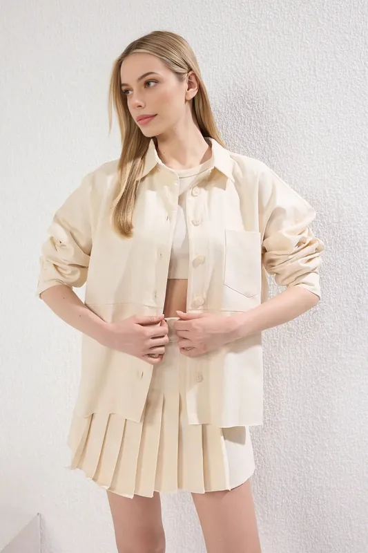 Women’s Plain Button Up Collared Shirt Jacket - WOVCOR