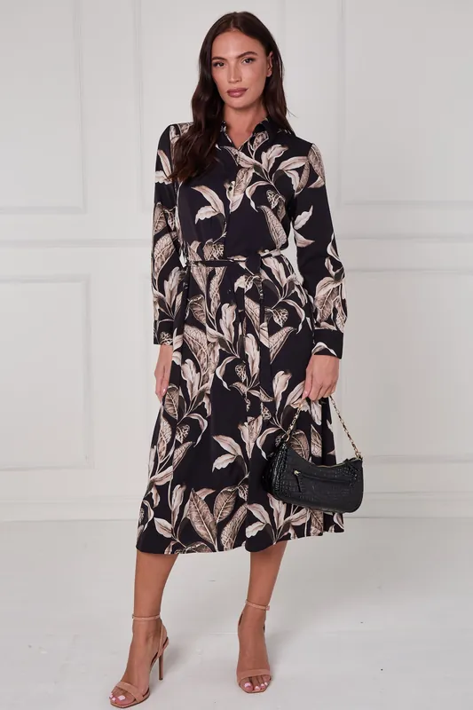 Black Botanical Print Midi Shirt Dress - Love Sunshine