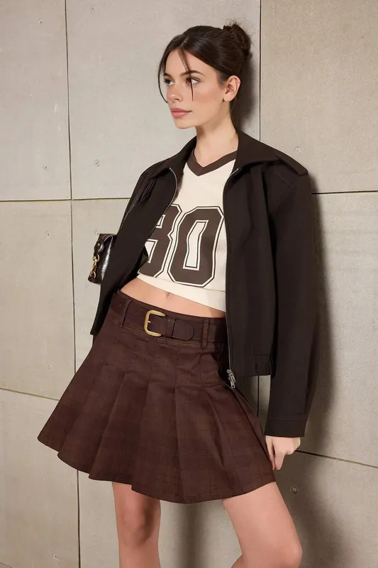Check Pleated High Waist Mini Skirt - WOVCOR