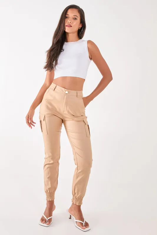 PU Cuffed Cargo Trousers - Pink Vanilla