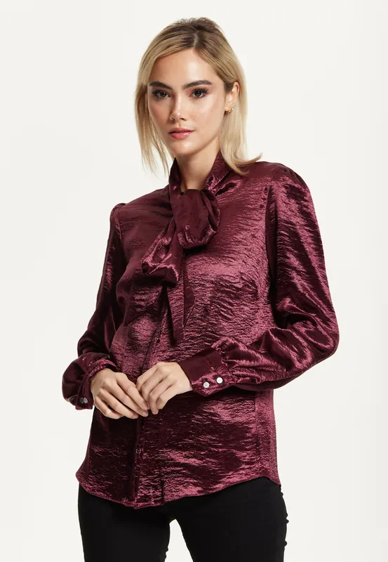 Burgundy Satin Tie Neck Blouse - Liquorish