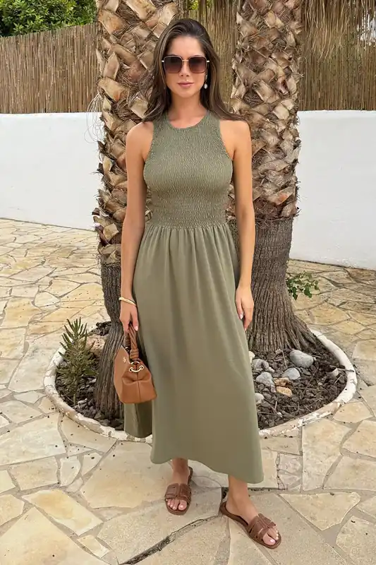 Khaki Round Neck Shirred Top Midi Dress - AX Paris