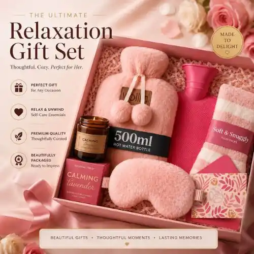 Easter Gift Set with 500ml Hot Water Bottle, Fluffy Socks, Lavender Candle & Eye Mask - volila