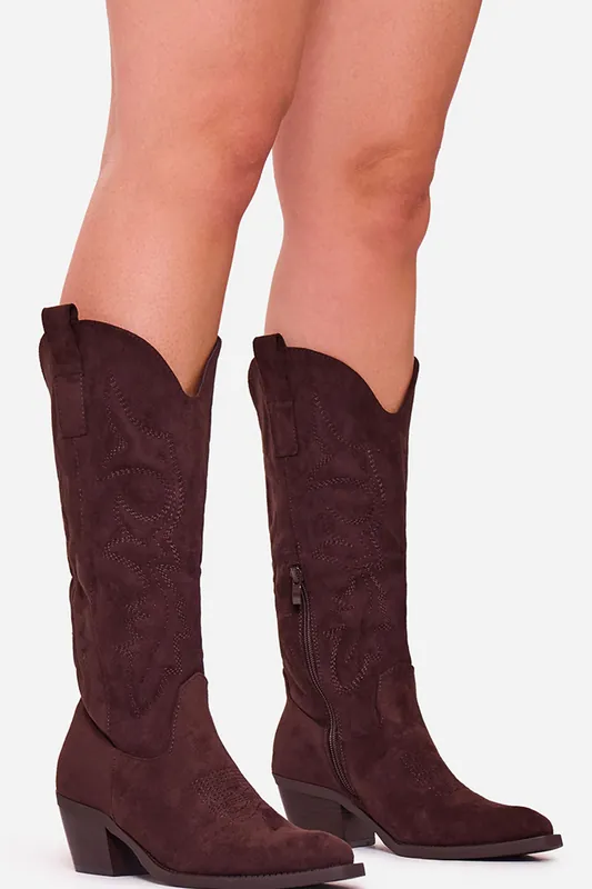 Western Cowboy Embroidered Faux Suede Block Heel Boots - EGO