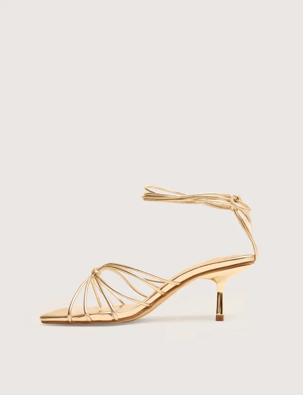 Nora Gold Pu Lace Up Strappy Mid Heels - Public Desire