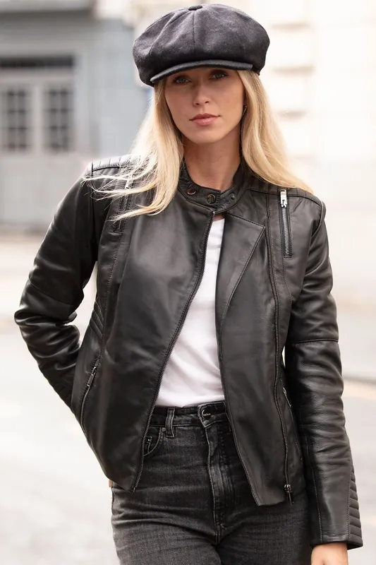 Alessia' Mandarin Collar Leather Biker Jacket Women Coat - Ashwood Leather