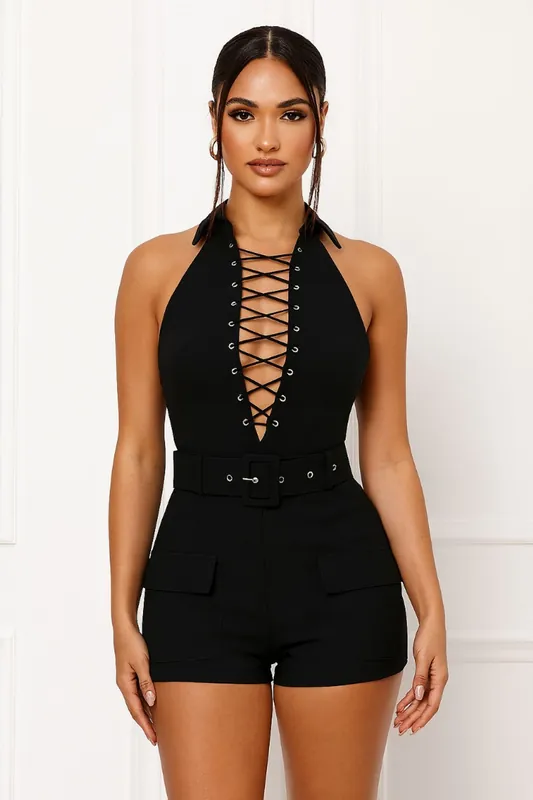 Lace-Up Front Cargo Playsuit with Matching Belt - Stretch - Playsuit