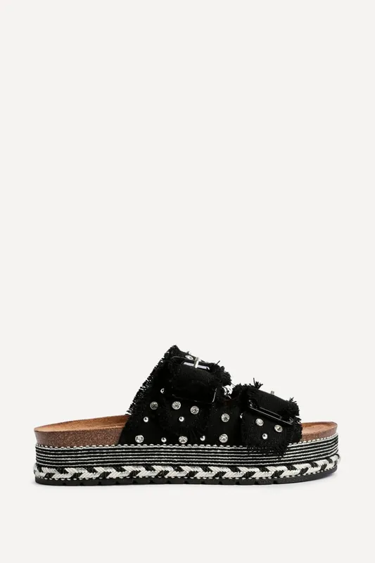 Bahama Black Diamante Flatform Sandals - Linzi
