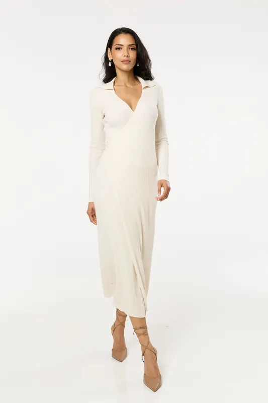 Beige Ribbed Long Sleeve Wrap Midi Dress - Liquorish
