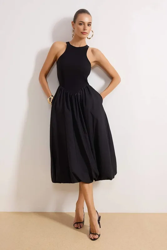 High Neck Sleeveless Gathered Midi Dress - WOVCOR