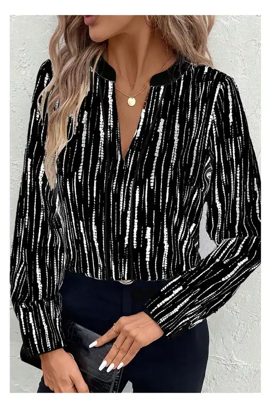 Black Abstract Printed V Neck Fall Blouse - Everyday The Label