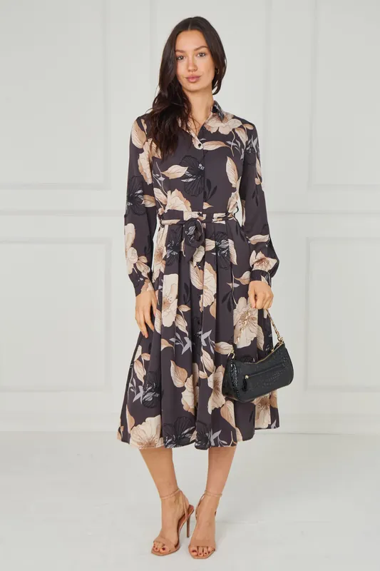Dark Charcoal Floral Print Midi Shirt Dress - Love Sunshine