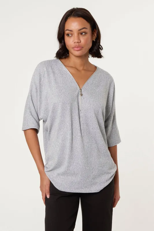 Grey Plain Half Zip Top - Blue Vanilla
