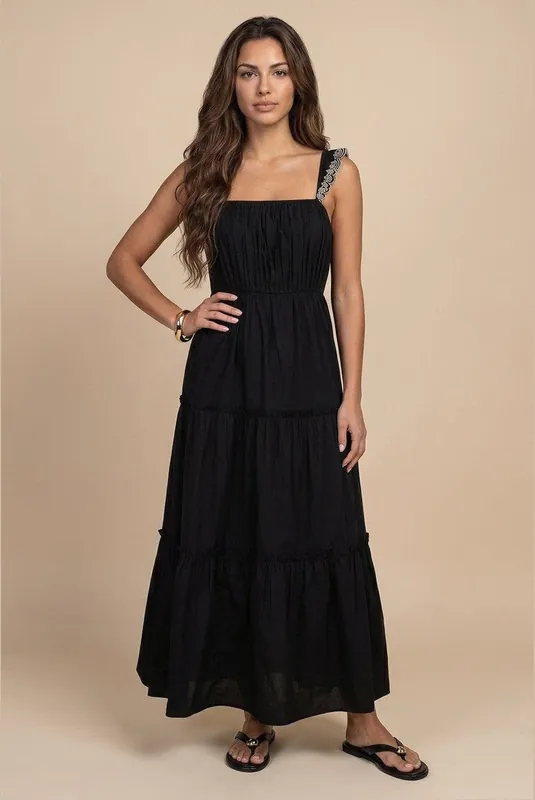 Broidery Ruffle Strap Tiered Maxi Dress - Urban Bliss