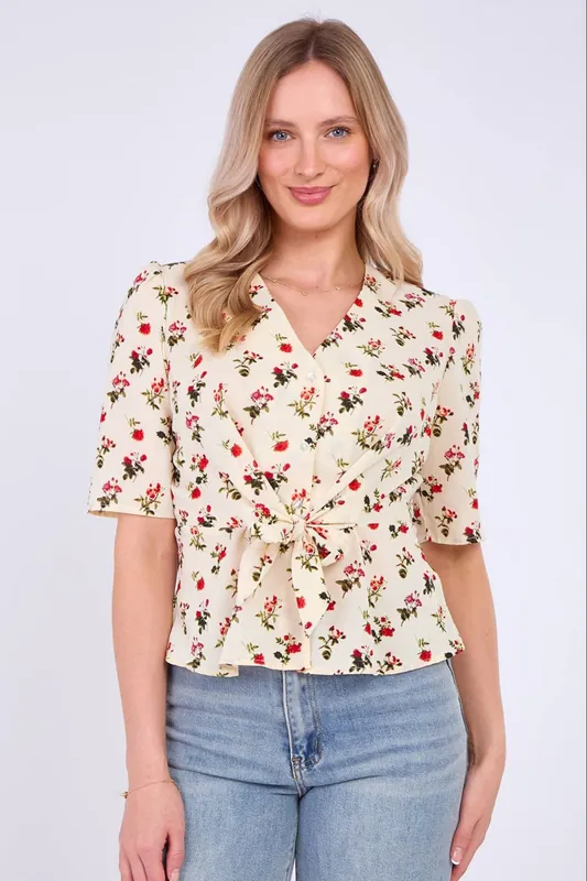 White Floral Print Short Sleeve Knotted Top - Love Sunshine