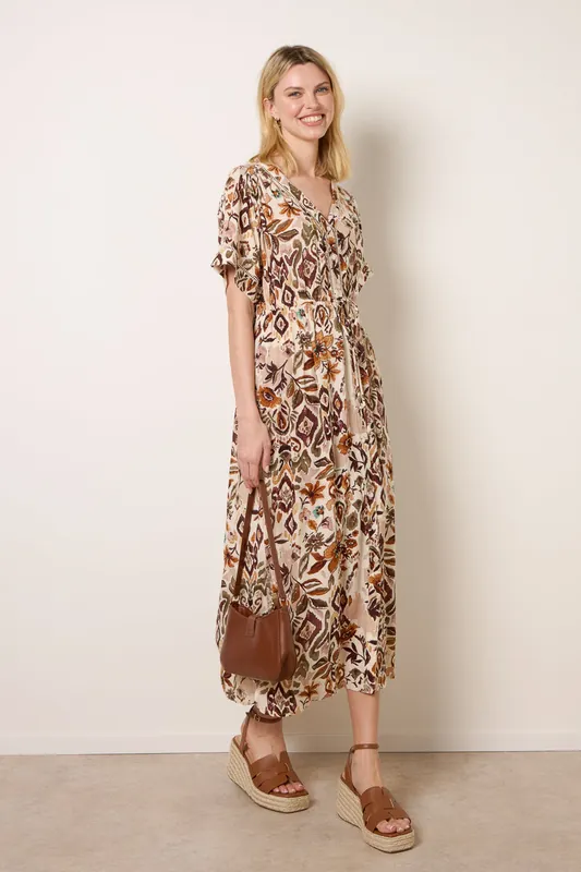 Brown Printed Drawstring Waist Midi Dress - Blue Vanilla