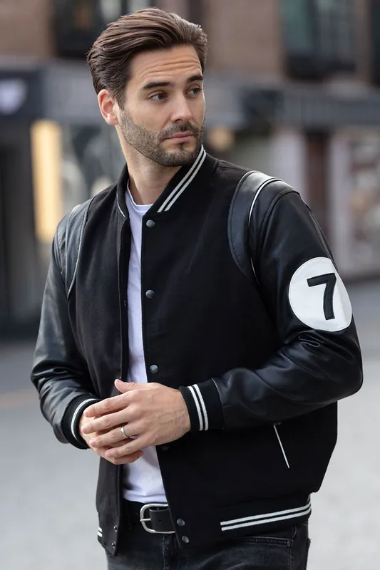 7' Wool and Real Leather Varsity Jacket with Striped Collar - Ashwood Leather