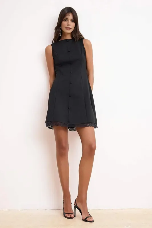 Boat Neck Sleeveless Mini A-Line Dress with Lace Hem