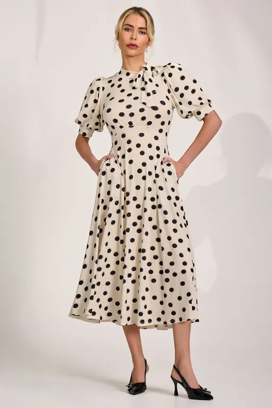 Tie Neck Puffy Sleeve Jersey Midi Dress - Jolie Moi