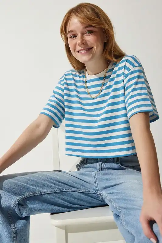 Oversized Striped Crew Neck Crop T-Shirt
