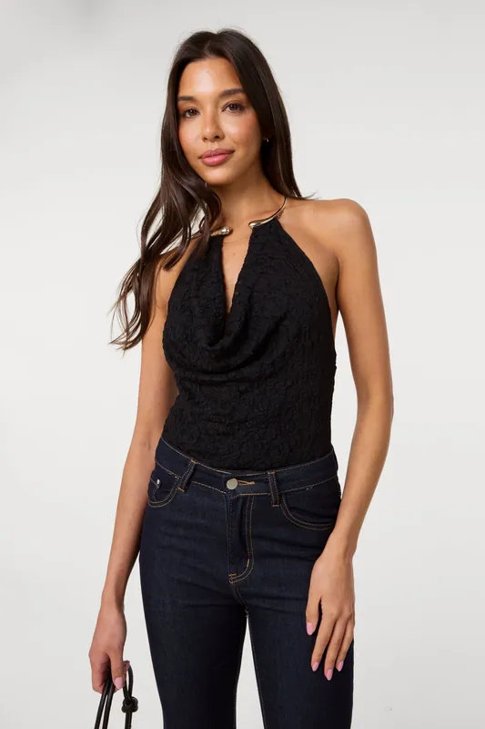 Black Lace Bodysuit With Halter Gold Trim - Pink Vanilla