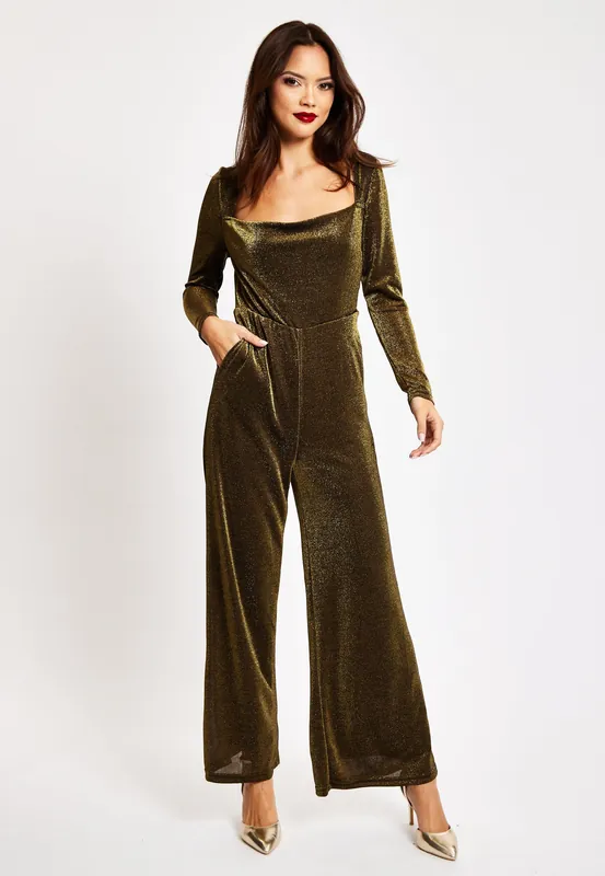 Gold Cowl Neck Lurex Jumpsuit - Liquorish