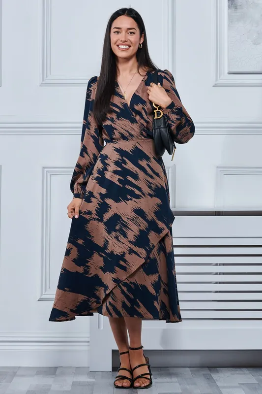 Abstract Print Sleeved Wrap Midi Dress - Jolie Moi