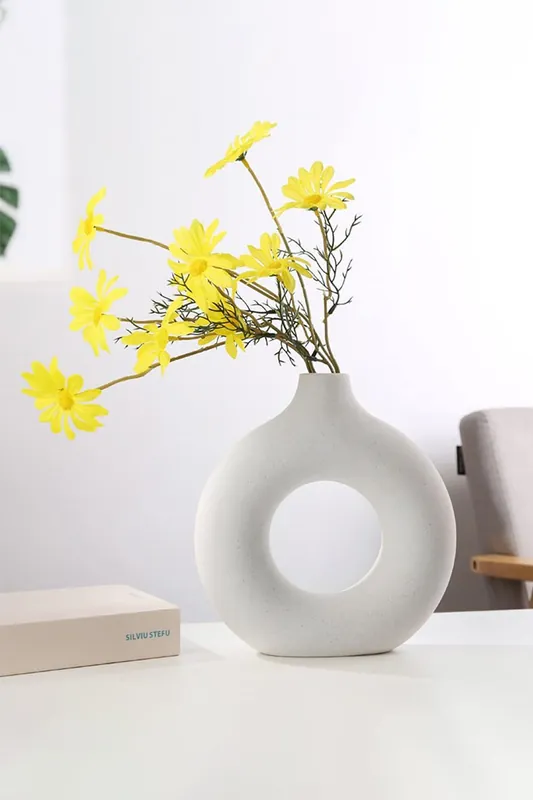 13cm W x 14cm H White Nordic Style Donut Shape Ceramic Vase - Living and Home