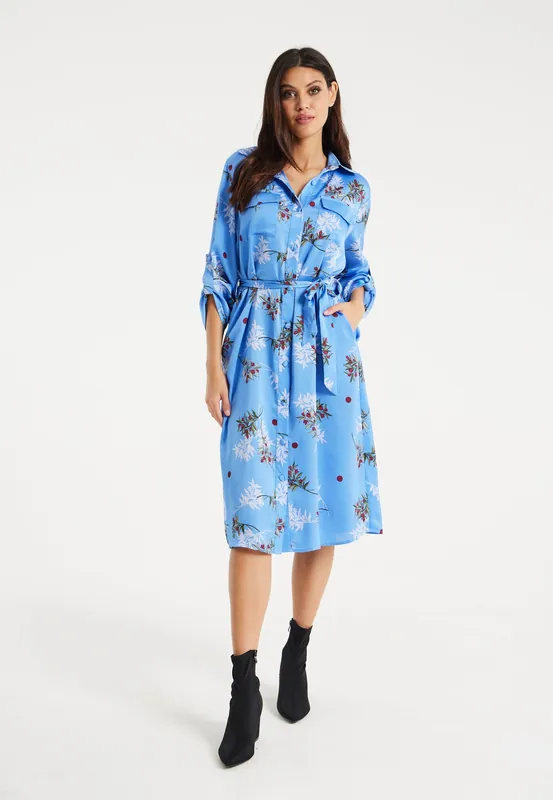 Floral Print Shirt Dress In Light Blue - Liquorish