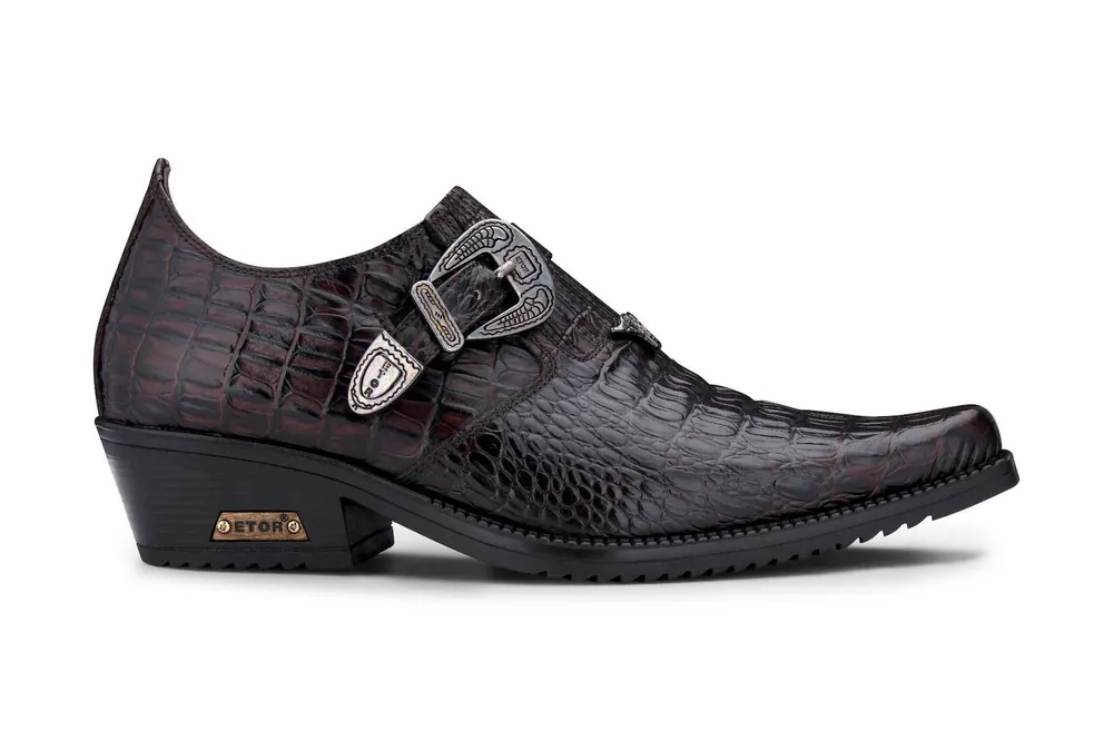 Men's Brown Croc Leather Cuban Heel Winklepicker Shoes - Infinity Leather
