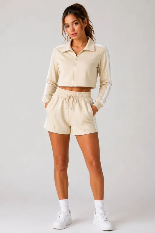 2 Pack Side Stripe Top and Drawstring Shorts Set - Fleece - Co-ord - L