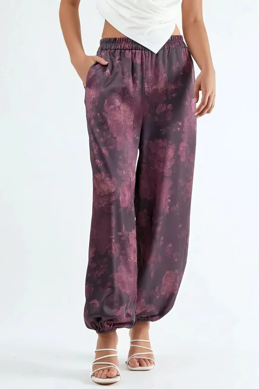 Patterned Baggy Fit Elastic Leg Pants with Pockets - QU Style