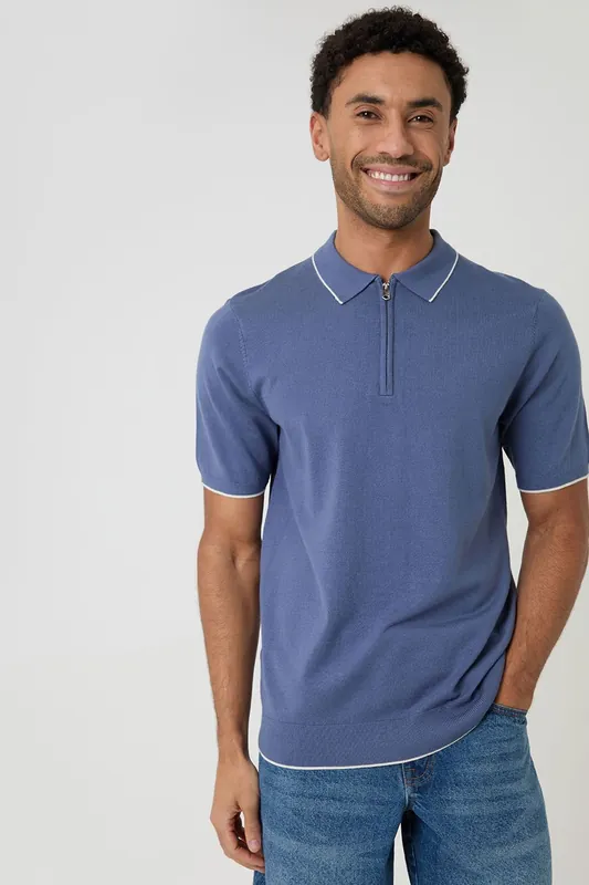 Knitted Quarter Zip Polo With Contrast Tipping - Threadbare