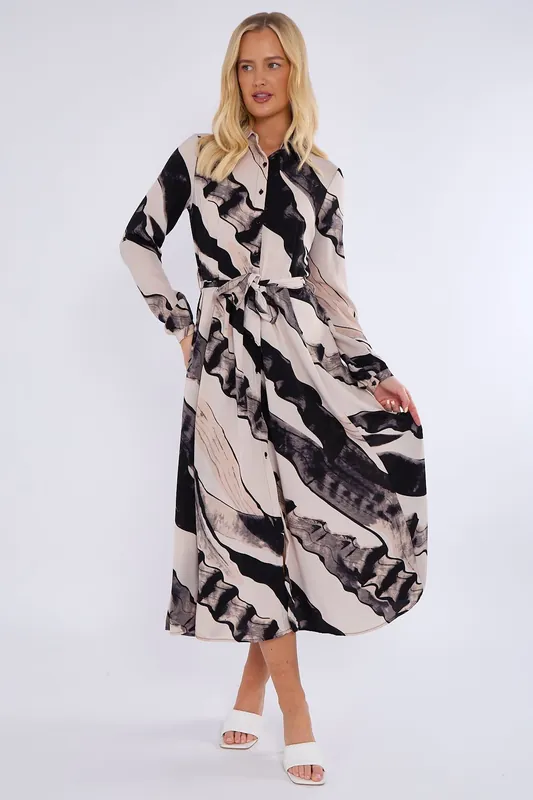 Black and Beige Abstract Print Midaxi Shirt Dress - Love Sunshine