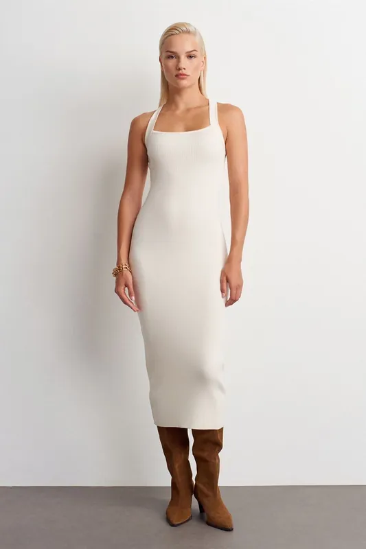 Ribbed Halter Midi Bodycon Dress - Dilvin