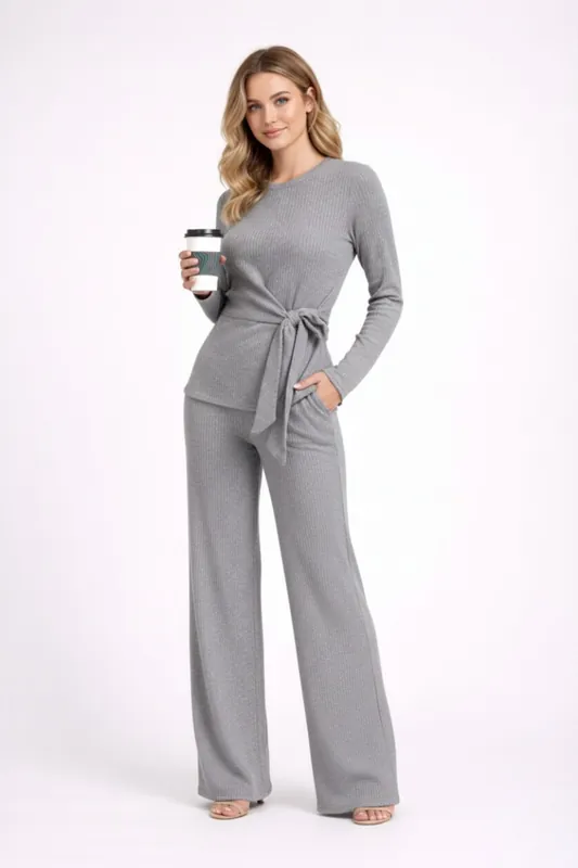 Ribbed Wrap Around Top and Wide Leg Trouser Co-ord