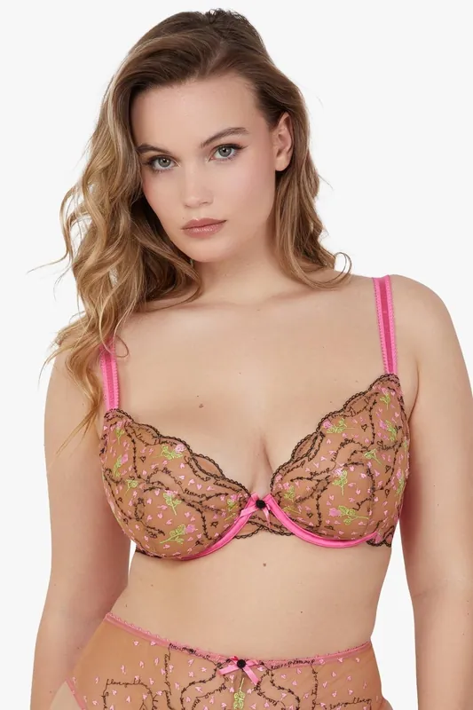Spank Me Pink and Nude Custom Embroidery Plunge Bra - Playful Promises