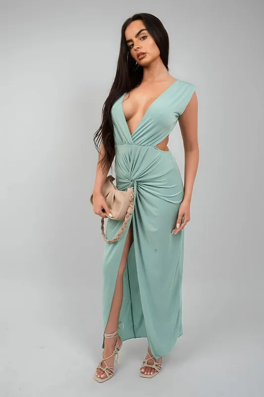 Julia Ruched Backless V Slit Women Bodycon Maxi Dress - IKRUSH
