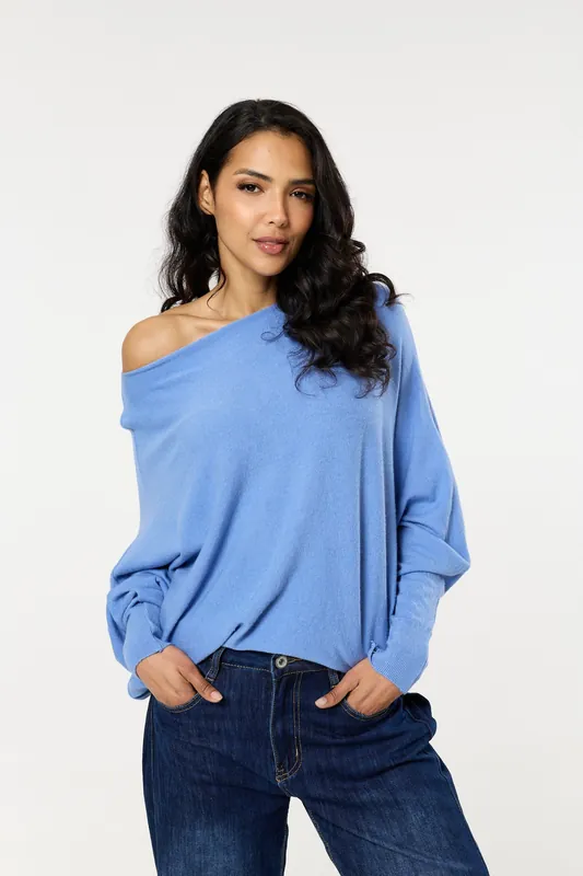 Blue Wool Blend Off Shoulder Batwing Knit Jumper - Liquorish
