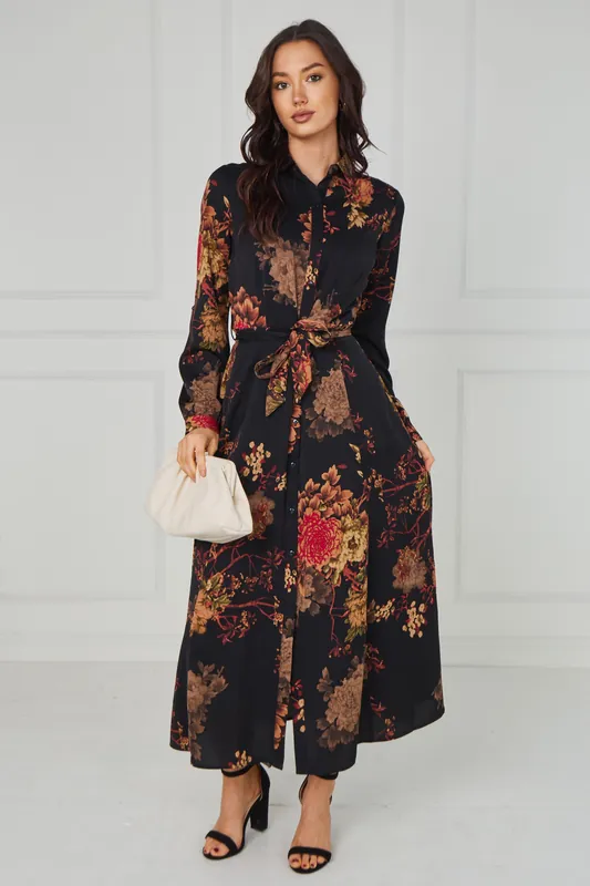 Black Vintage Bloom Printed Maxi Shirt Dress - Love Sunshine