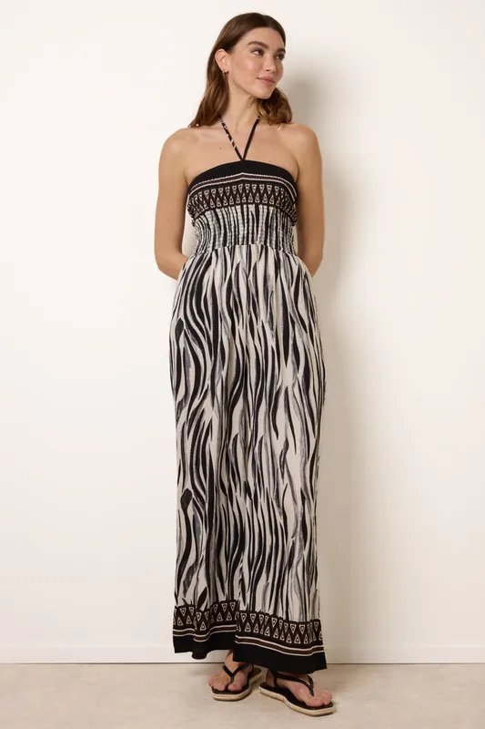 Black Zebra Print Halter Neck Shirred Waist Jumpsuit - Blue Vanilla