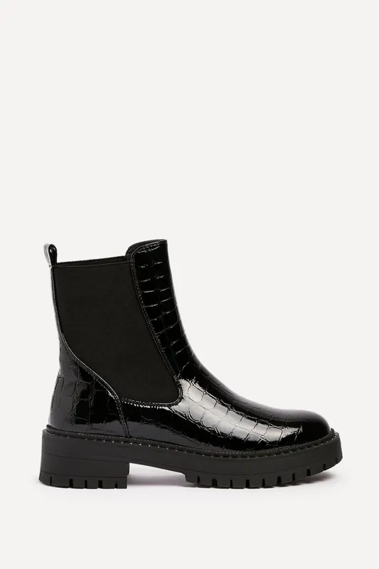 Landon Black Faux Croc Patent Leather Chunky Ankle Boot - Linzi
