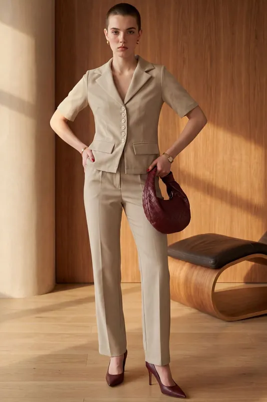 Buttoned Short Sleeve Jacket & PantsTwo-Piece Set