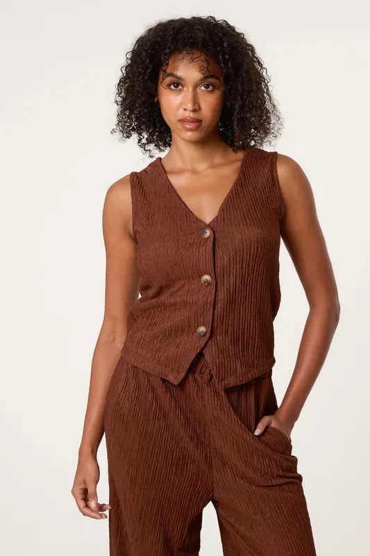 Brown Crinkle Button Front Waistcoat - Blue Vanilla