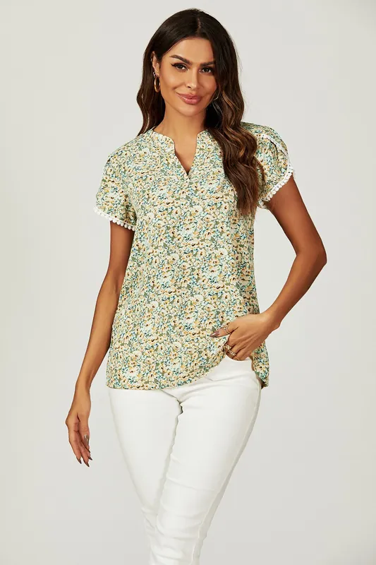 Floral Print Lace Trim Short Sleeve Blouse Top In Green Yellow - FS Collection