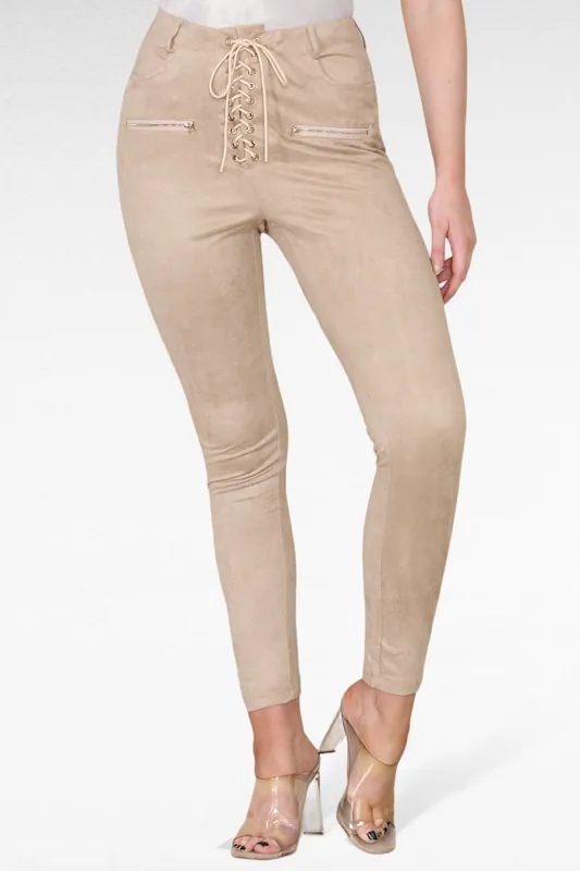 Beige Trousers Slim Fit with Front Lace Up Tie - ELAINA FASHION