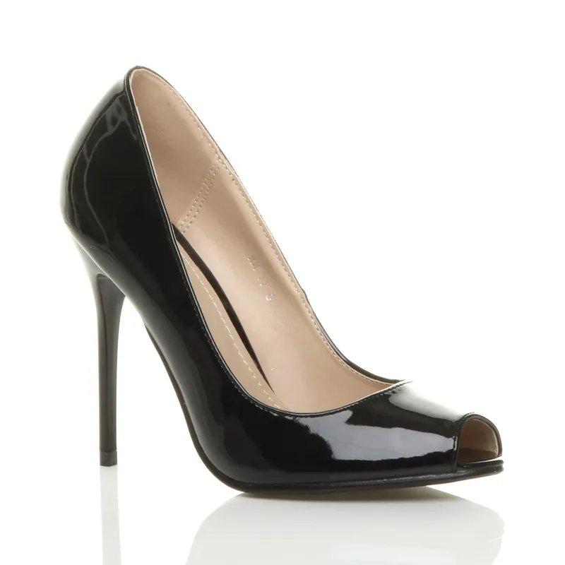 High Stiletto Heel Peep Toe Patent Court Shoes - AJVANI