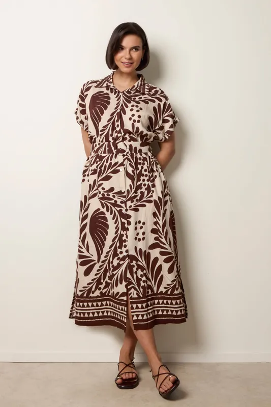 Brown Tropical Leaf Print Belted Shirt Dress - Blue Vanilla