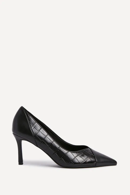 Gaia Black Faux Leather Mix Croc Court Heels - Linzi