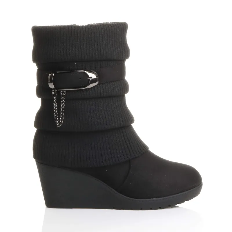 Mid Wedge Heel Slouch Ankle Boots - AJVANI